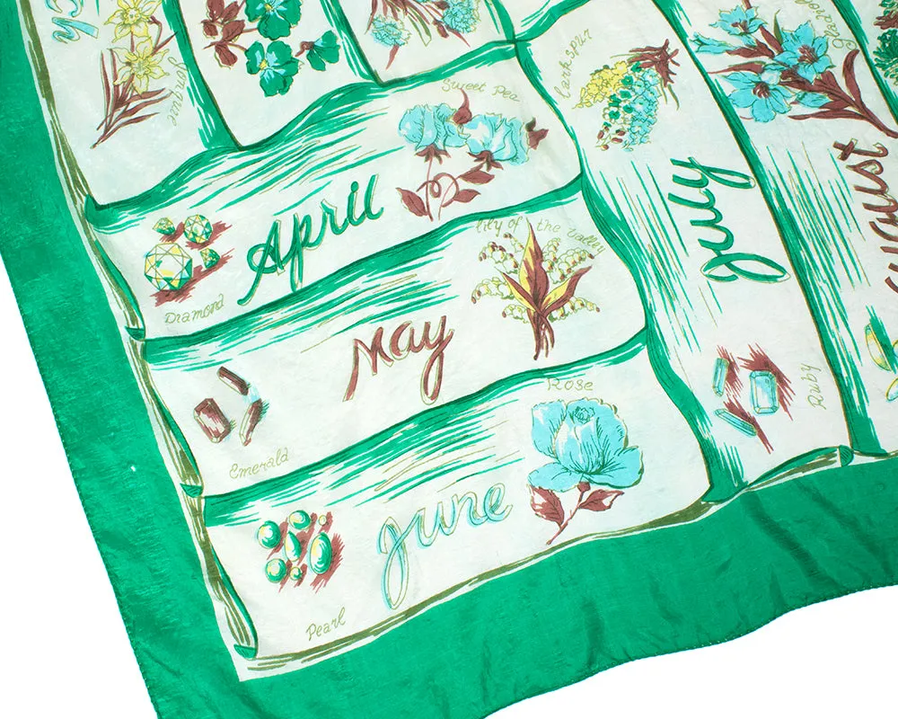 1940s 1950s Birthstone & Monthly Flowers Silk Scarf