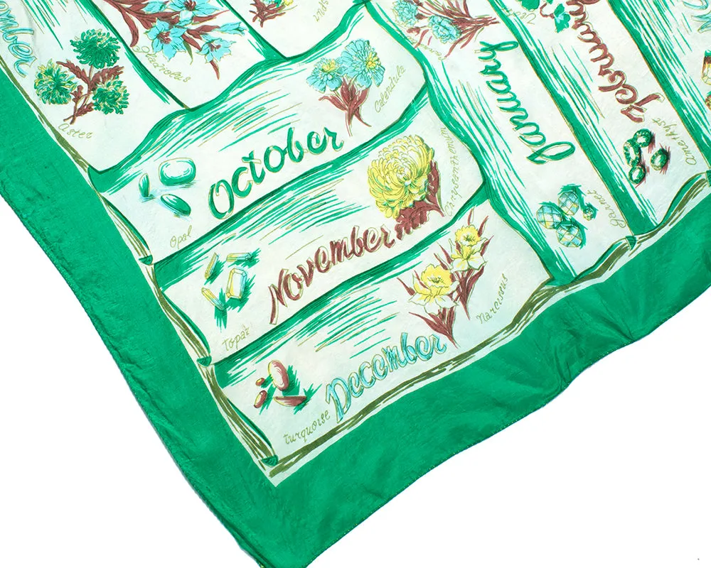 1940s 1950s Birthstone & Monthly Flowers Silk Scarf