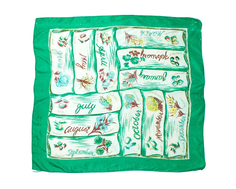 1940s 1950s Birthstone & Monthly Flowers Silk Scarf