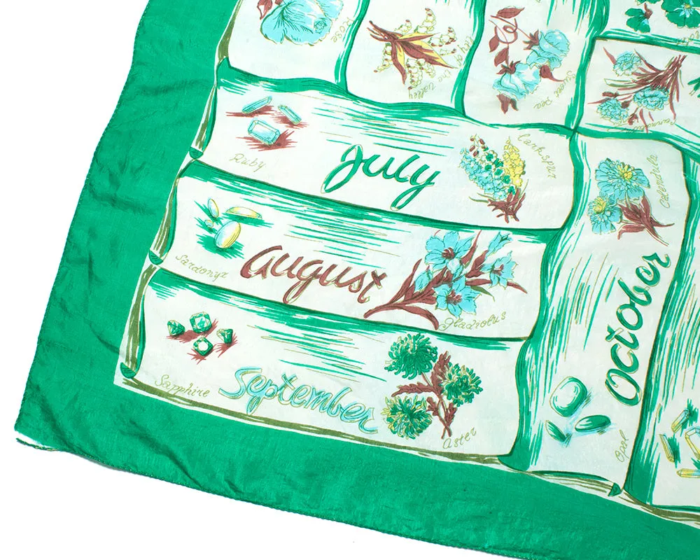 1940s 1950s Birthstone & Monthly Flowers Silk Scarf