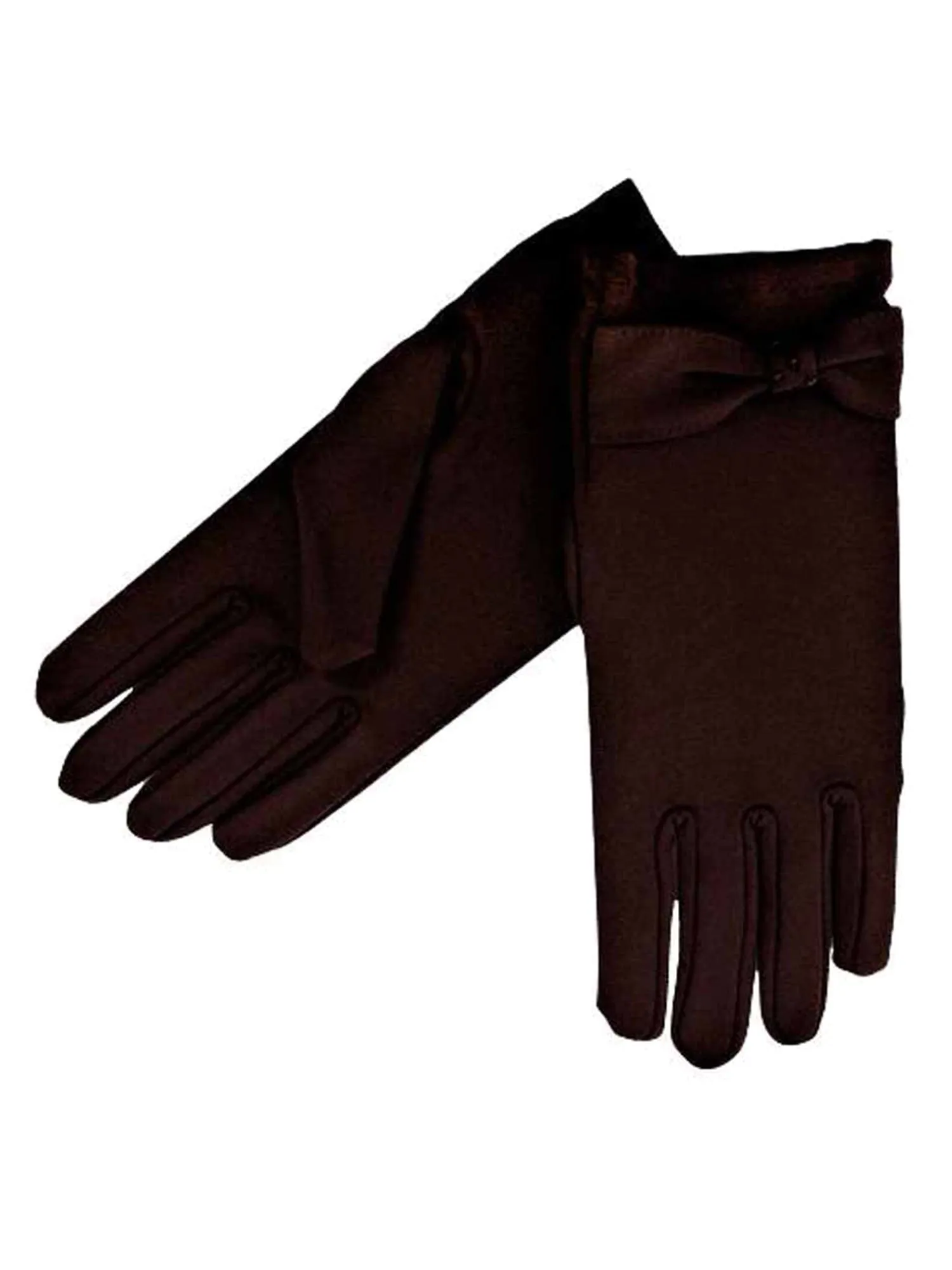 Brown Gloves With Bow & Seed Bead Trim