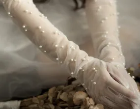 Long Sheer Wedding Gloves with Pearls