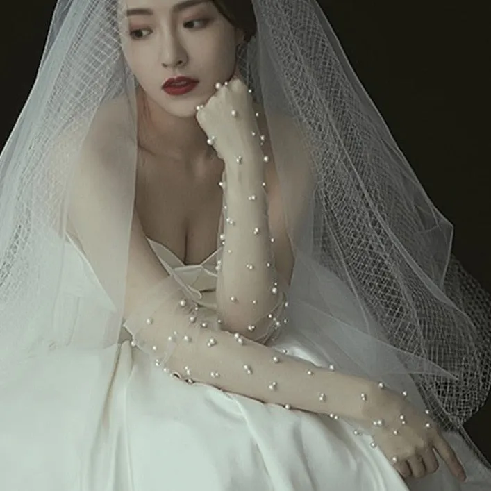 Long Sheer Wedding Gloves with Pearls