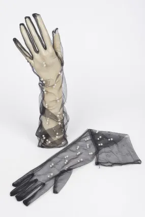 Mesh Long Gloves with Pearl details