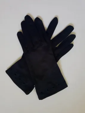 Short Black Gloves With Embroidered Edge by Kayser - New Old Stock - Size 6 1/2