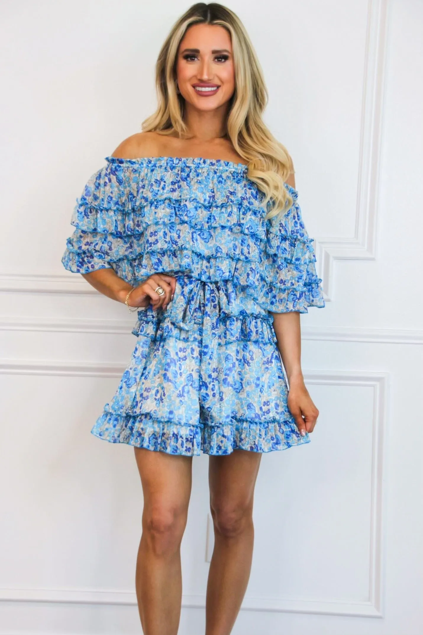 Springtime Sweetness Off Shoulder Floral Dress: Blue Multi