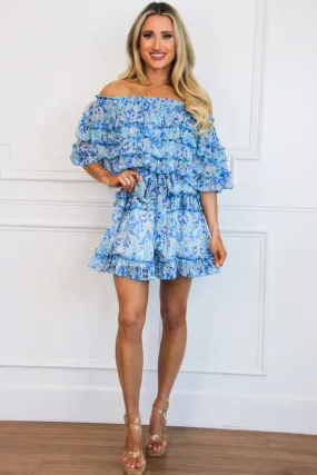 Springtime Sweetness Off Shoulder Floral Dress: Blue Multi