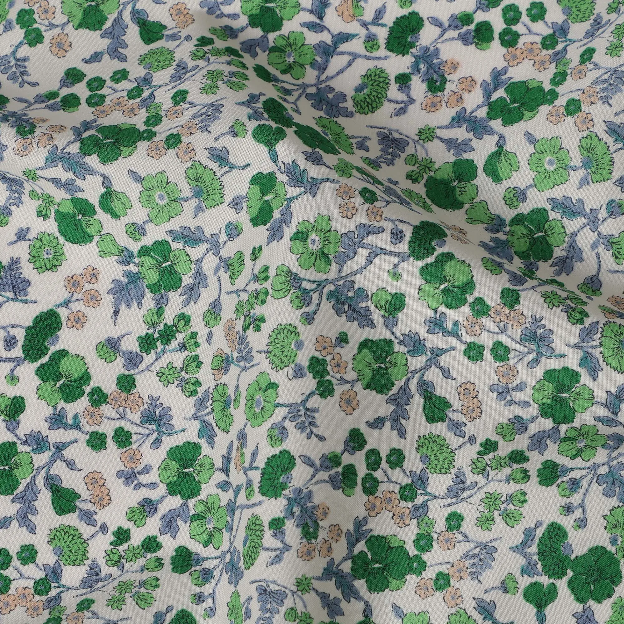 White and Green Floral Cotton Lawn Digital Print Fabric - 110 cm Width-D21228