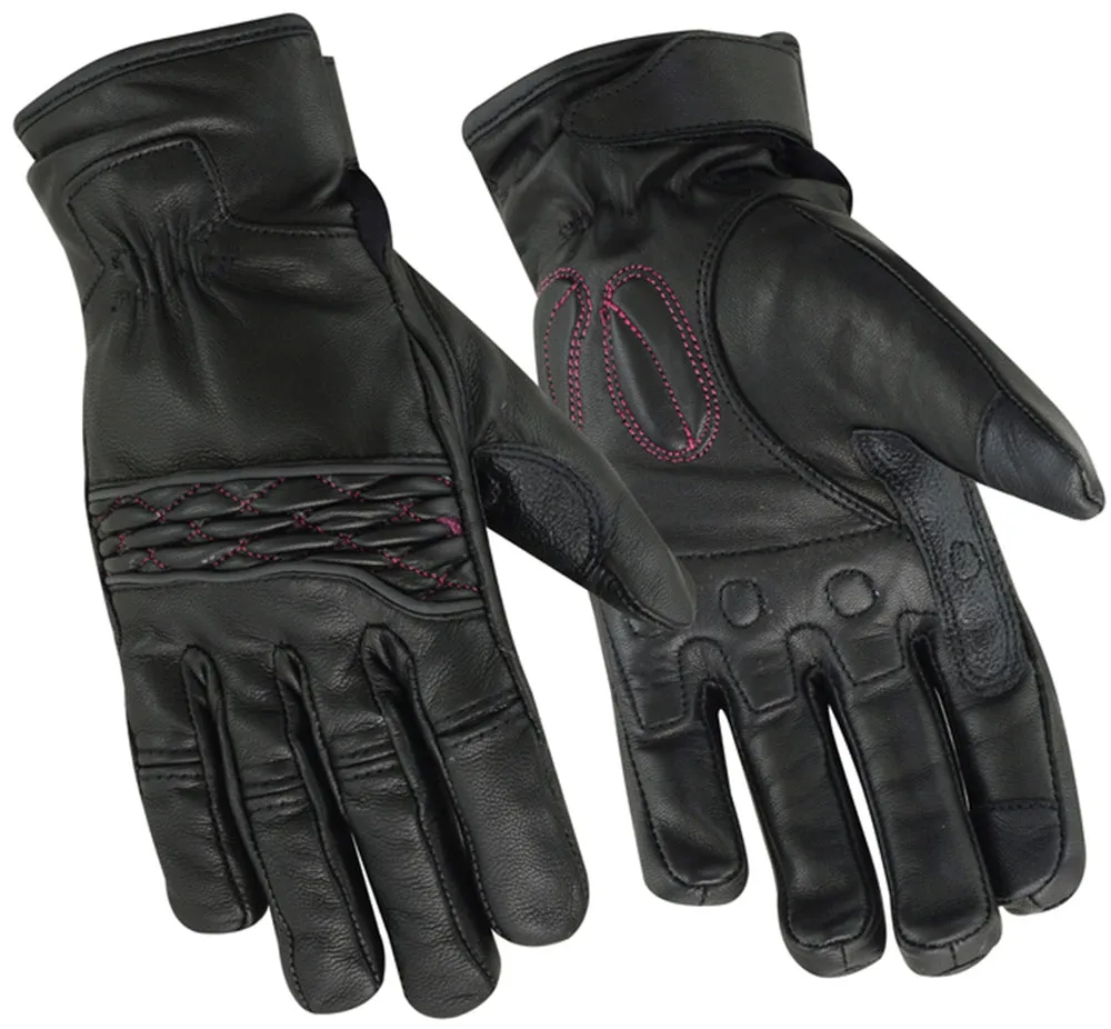 Women's Cruiser Leather Gloves – Black with Pink Stitching, Touchscreen Tips